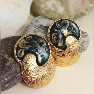Vintage Elegant 80's Navy Blue, Pearlescent Gold Swirl enamel Earrings